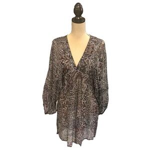 Joie Sheer Chiffon Tunic Mini Dress & Top with Full Sleeves and Deep V in Multi